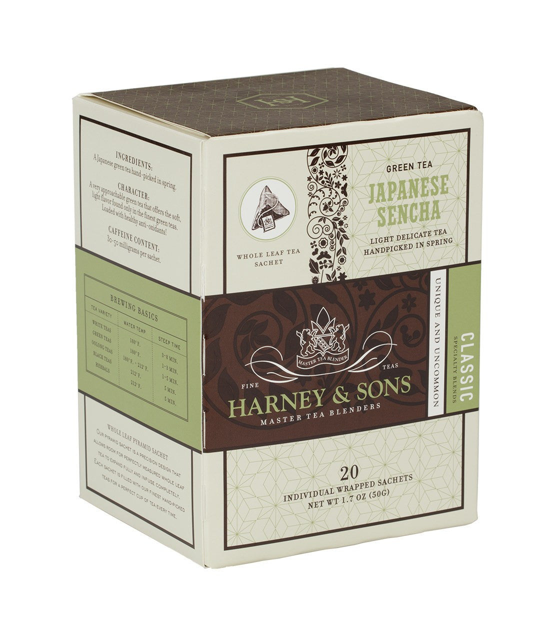 Box of 20 individually wrapped sachets of Japanese Sencha green tea by Harney & Sons. Light, delicate flavor.