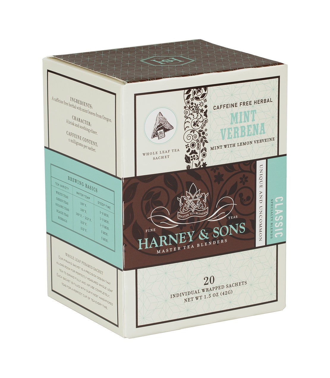 Box of 20 individually wrapped Mint Verbena tea sachets by Harney & Sons, featuring herbal ingredients and brewing basics.