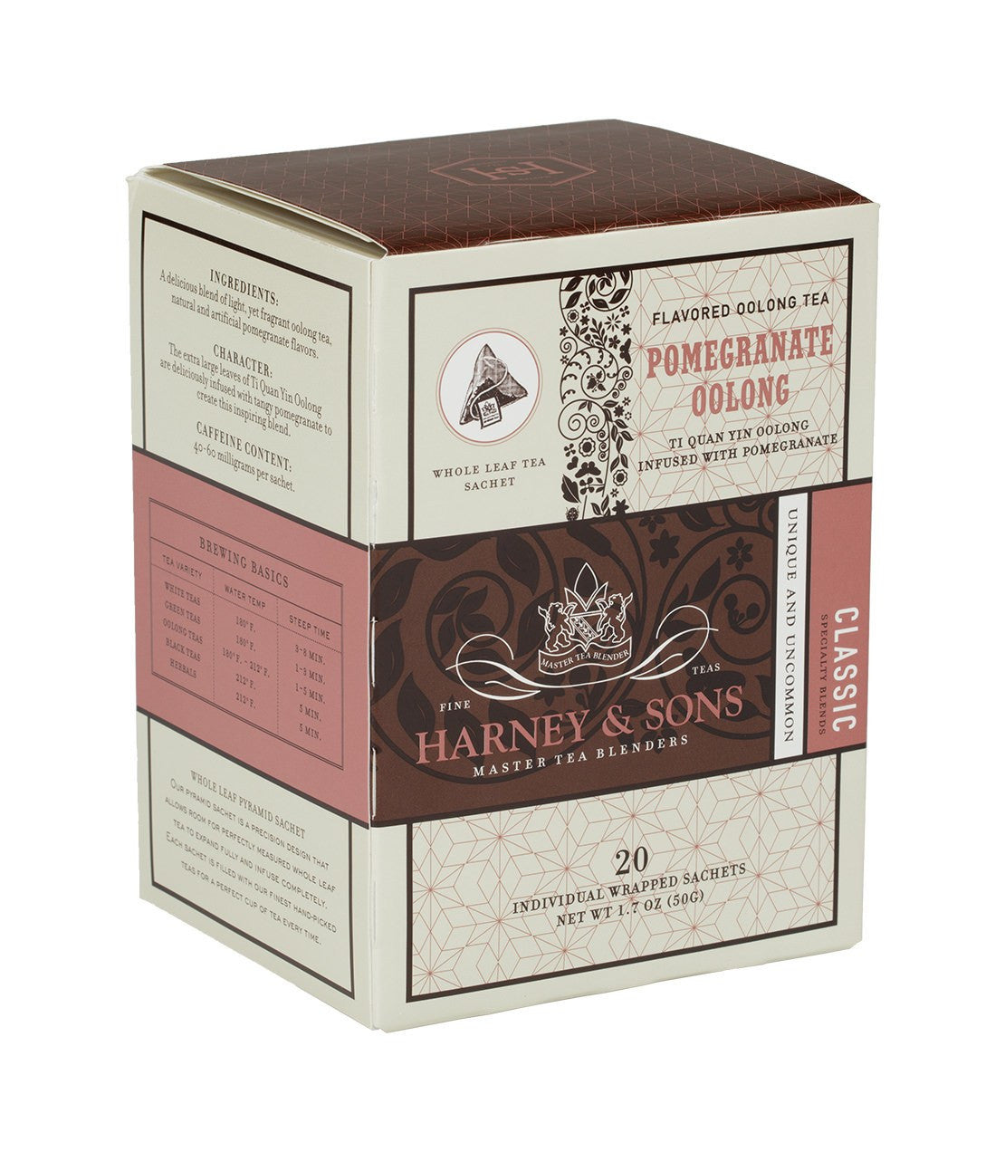 Box of 20 individually wrapped Pomegranate Oolong tea sachets by Harney & Sons, featuring elegant packaging design.