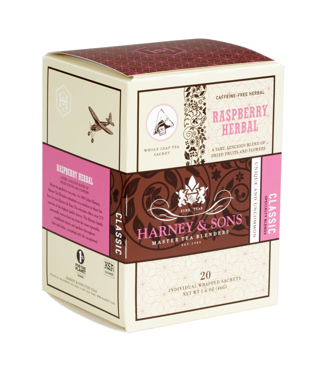 Box of 20 individually wrapped Raspberry Herbal tea sachets by Harney & Sons, featuring a vibrant design.