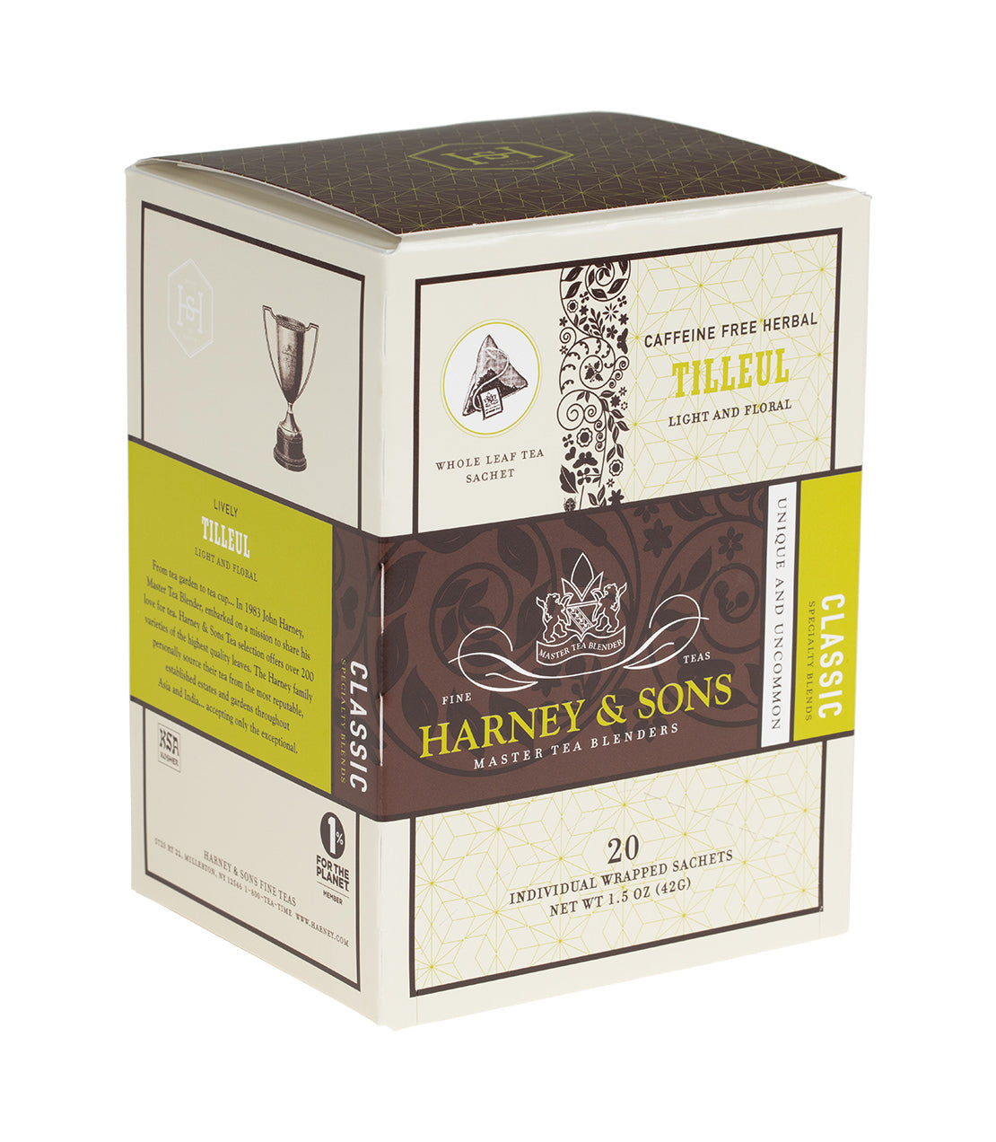 Box of 20 individually wrapped Tilleul herbal tea sachets by Harney & Sons, featuring a light and floral blend.