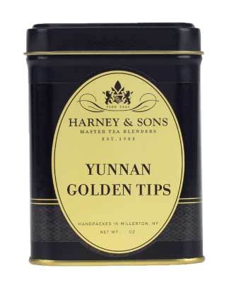 Black tin container of Yunnan Golden Tips tea by Harney & Sons, featuring elegant gold label and branding.