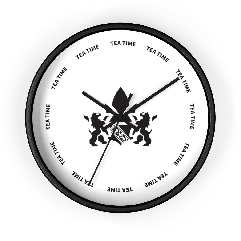 Black wall clock featuring a minimalist design with "TEA TIME" text and lion motifs on a white background.