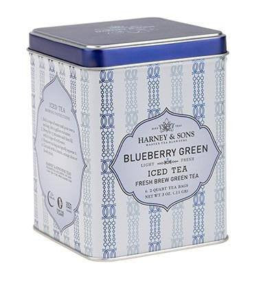 Blueberry Green tea tin by Harney & Sons, featuring a blue lid and elegant design, perfect for iced tea lovers.