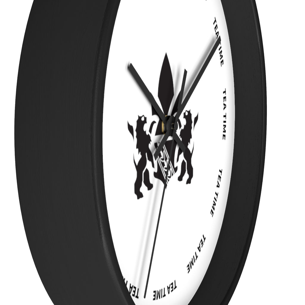 Black wall clock featuring a minimalist design with "Tea Time" text and a lion graphic on a white face.