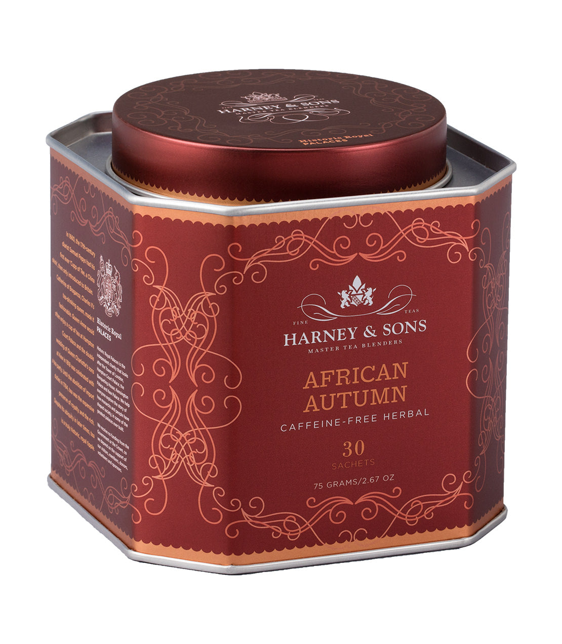 Harney & Sons African Autumn tea tin, 30 caffeine-free herbal sachets, 75 grams, decorative design.