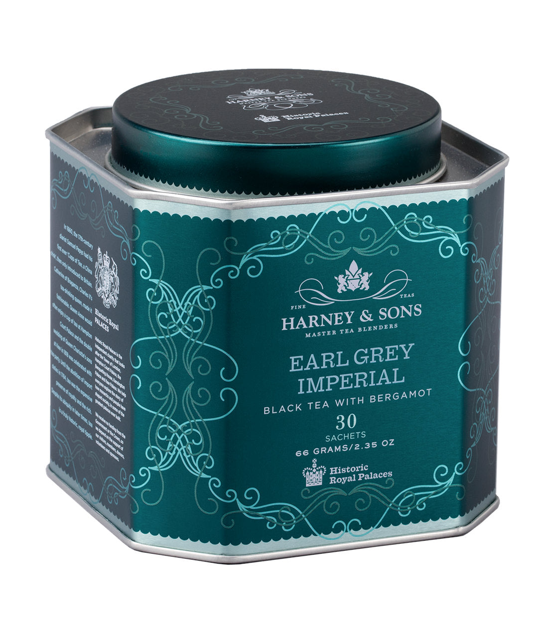 Earl Grey Imperial tea tin by Harney & Sons, featuring 30 sachets of black tea with bergamot. Elegant design.