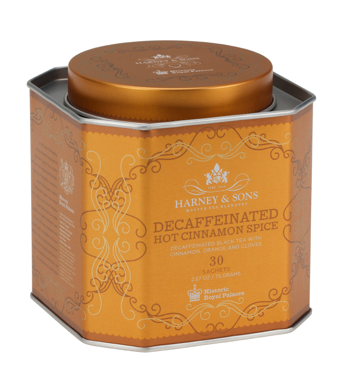 Harney & Sons Decaf Hot Cinnamon Spice tea tin with 30 sachets, featuring a decorative orange design.