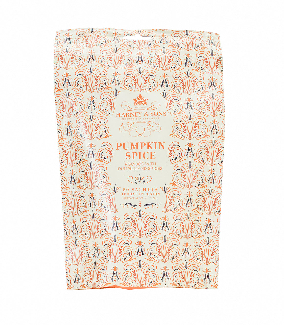 Harney & Sons Pumpkin Spice herbal tea sachets packaging, featuring intricate orange and cream design.