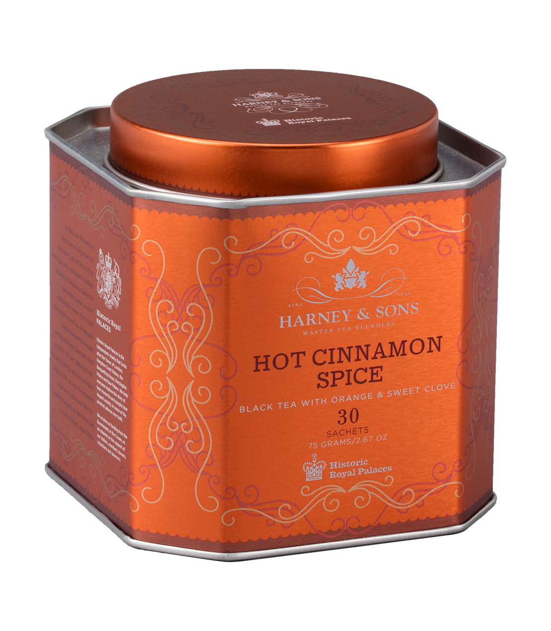 Harney & Sons Hot Cinnamon Spice tea tin, featuring 30 sachets of black tea with orange and sweet clove.